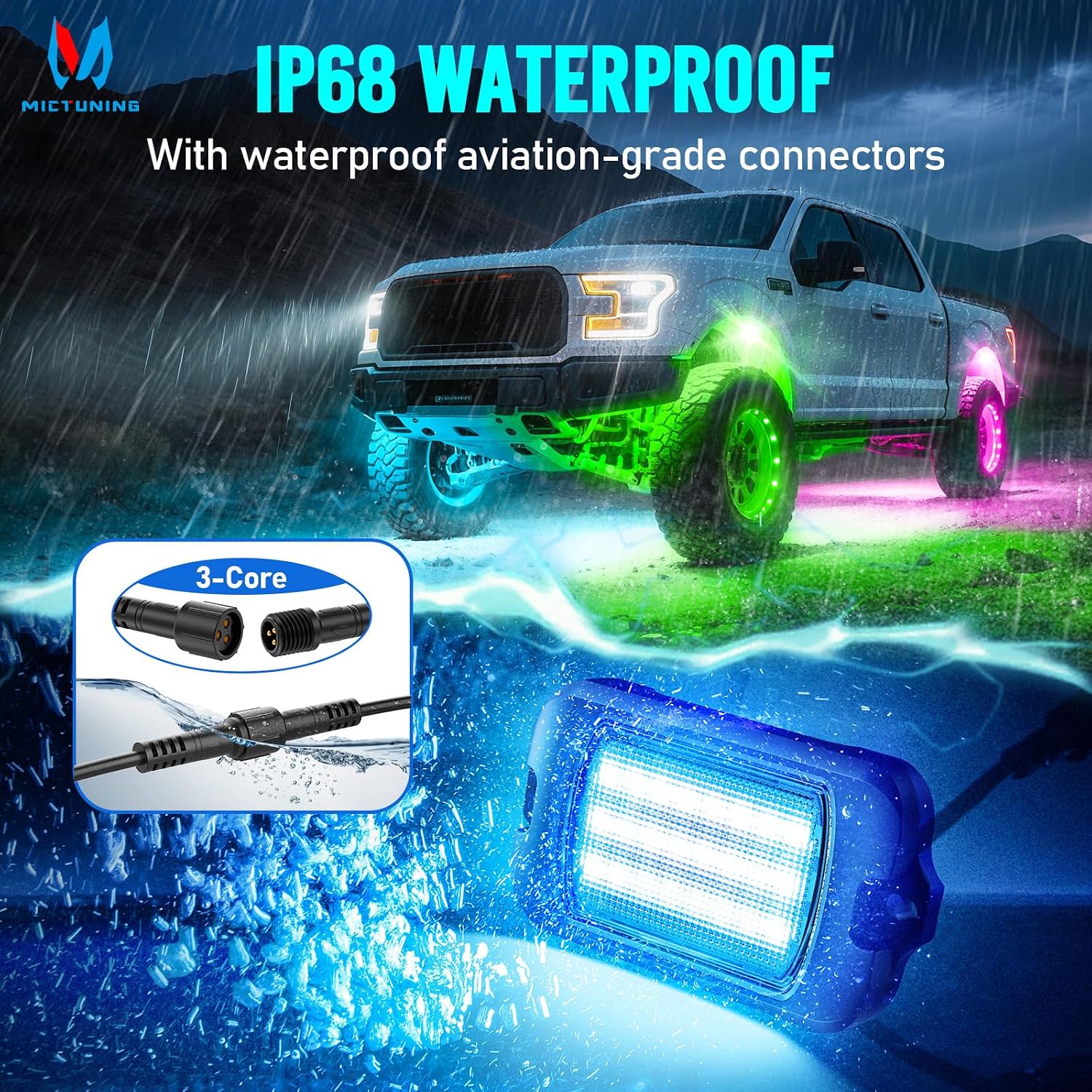 MICTUNING Q1+ MAX 16 Pods Ultra-Bright RGB Rock Lights, Multi-Color Chasing Underglow Lighting, Extensible to 24 Pods, APP Music Sync & DIY Effects, IP68 Waterproof