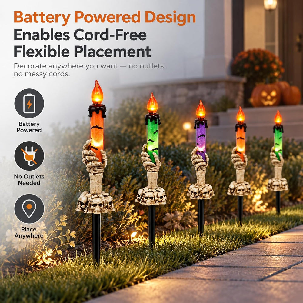 5-Pack Halloween Pathway Lights, Skeleton Hand Candle Yard Stakes
