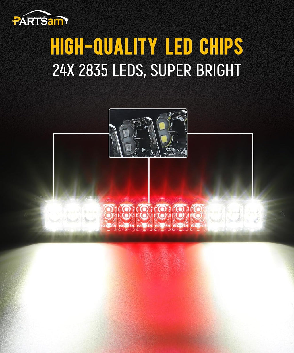 Partsam Red/White 12 LED Smoke Lens Chrome Housing Tail High Mount 3rd Third Brake Light Cargo Lamp Waterproof Replacement for Ford F-250 F-350 F-450 F-550 Super Duty 1999-2016 /Ford Ranger 1993-2011