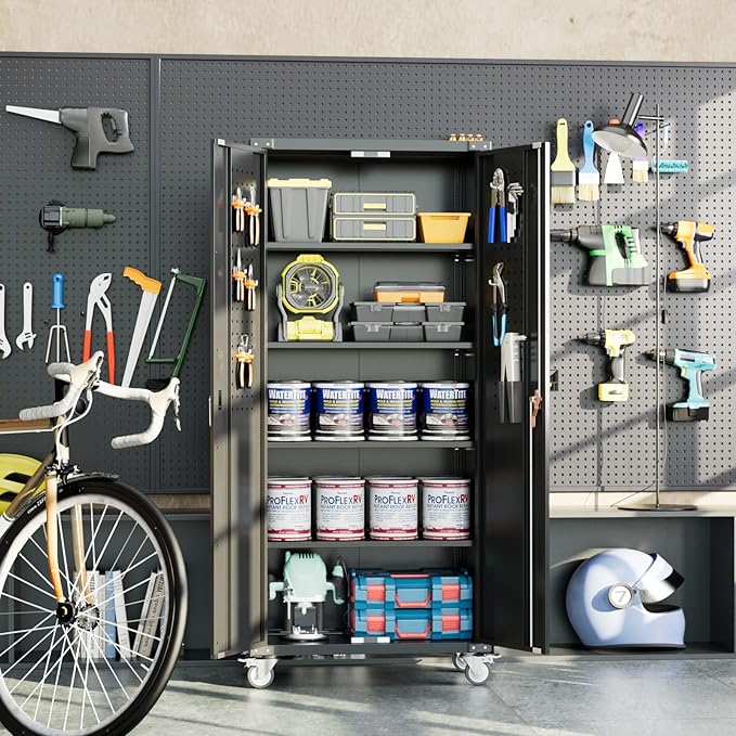 72" Metal Storage Cabinet with Wheels and Pegboard, Lockable Rolling Steel - Image 2