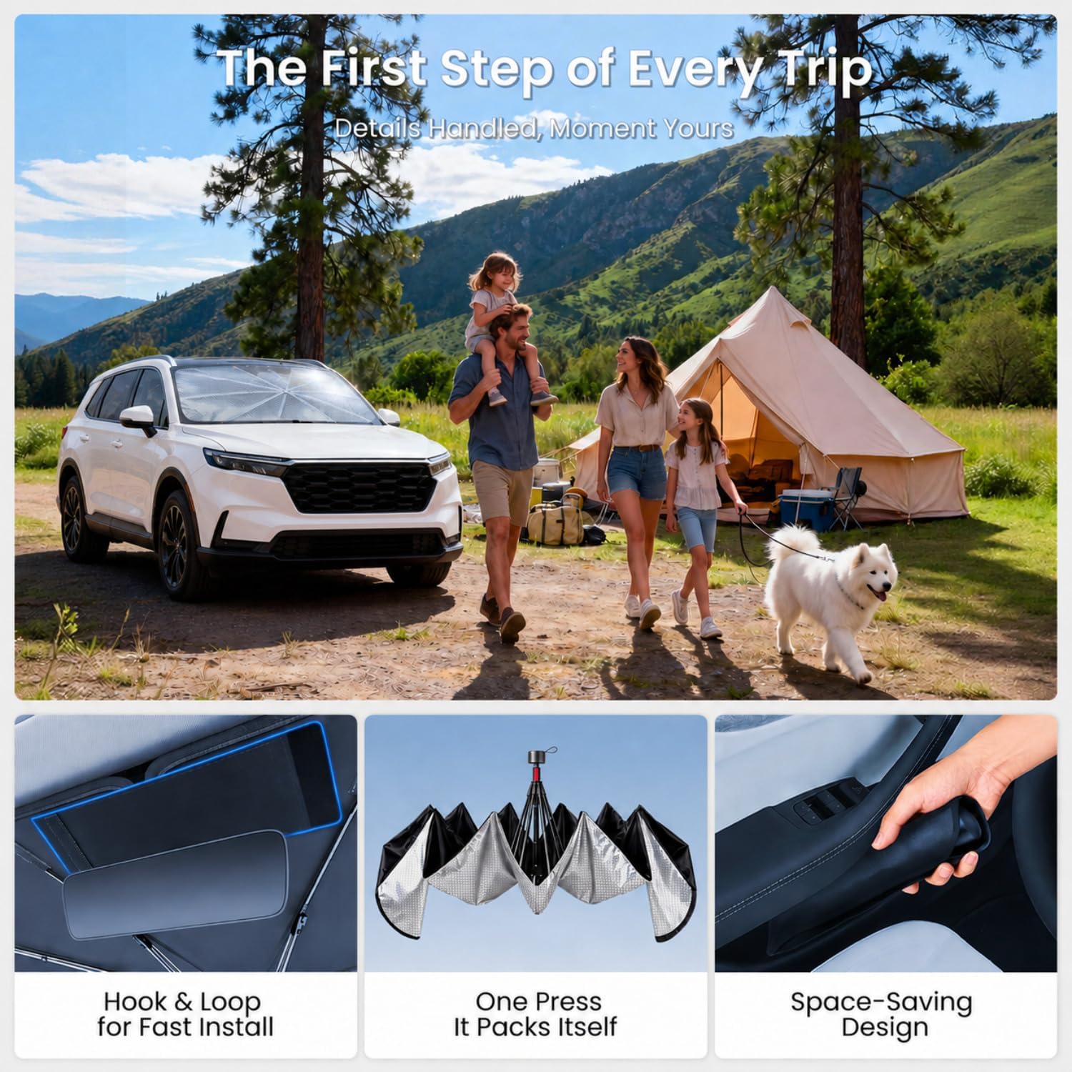 REEVAA 2026 Upgraded Windshield Sun Shade Umbrella [100% Sun Protection & Keep Cool] Protect Interior, 360° Flex Handle Sun Shield Sunshade for SUV & Pickup Truck, M(57" L x 32" W)