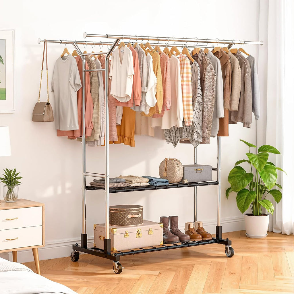 luxspire double rod clothing racks for hanging clothes shown in use