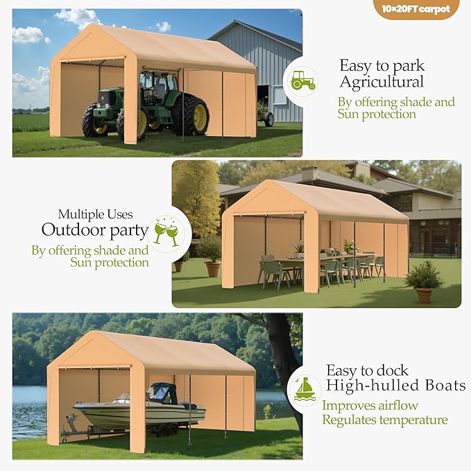 GOJOOASIS 10x20 Carport Heavy Duty Portable Garage Shelter Metal Car Canopy Tent - Image 6