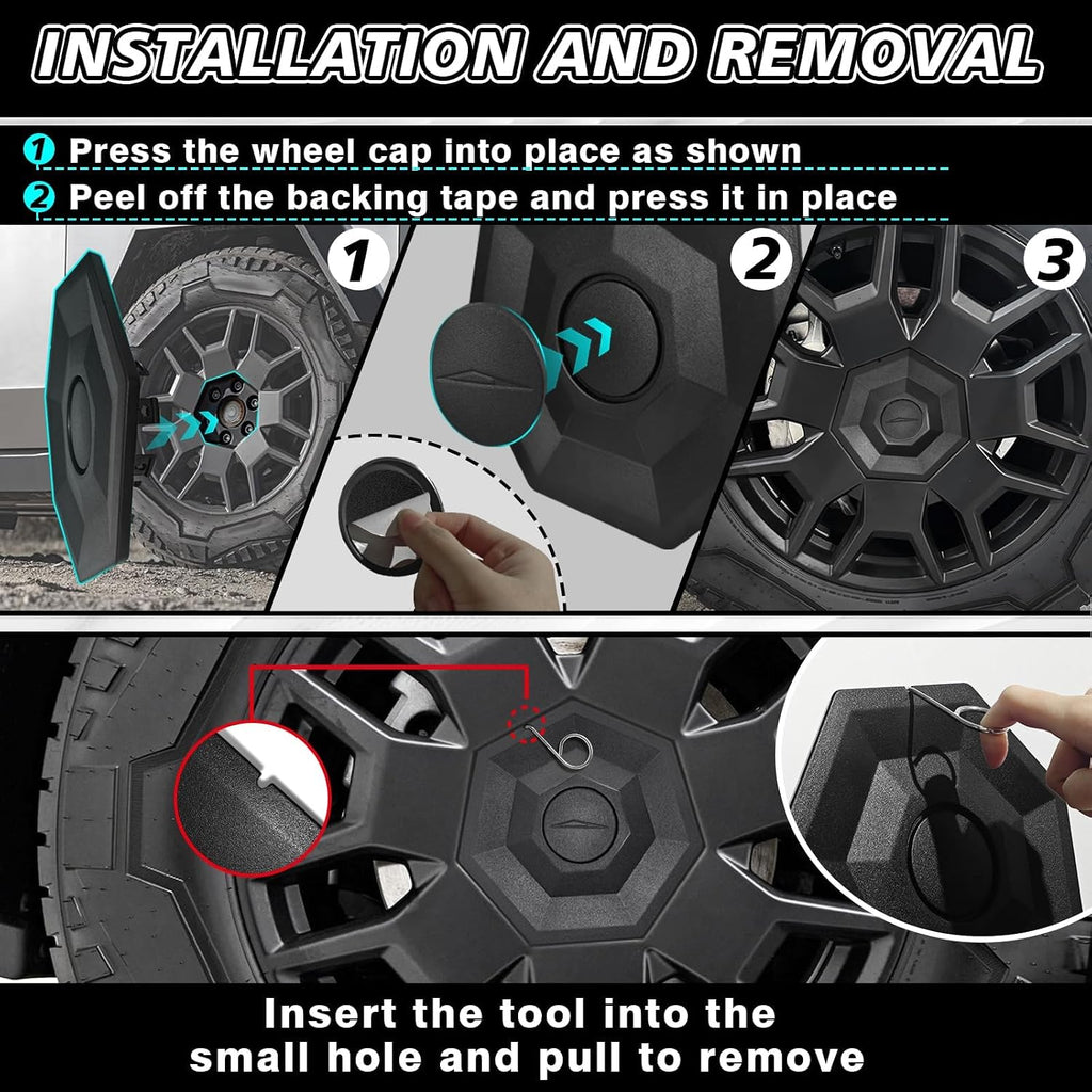 BestEvMod Upgrade 4PCS Full Coverage Wheel Center Hub Caps Cover Compatible with Tesla Cybertruck 2026 2025 2024 Accessories Removable Hub Center Fit All Terrain Tires ONLY NOT Fit Core Wheels (V2)