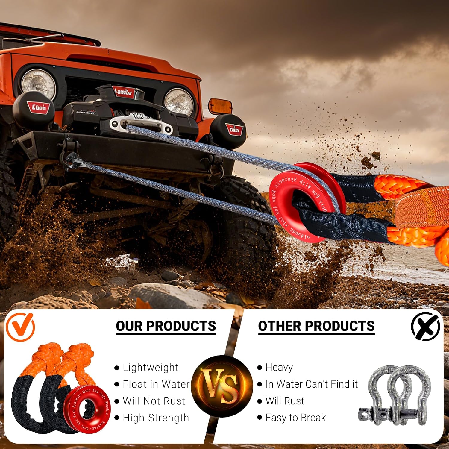 Synthetic Soft Shackle Rope 1/2 x 22 Inch Orange Recovery Tow Shackles with Red Snatch Recovery Ring 56,000lbs Breaking Strength Offroad Soft Shackle Recovery Kit for Off-Road ATV UTV Vehicles