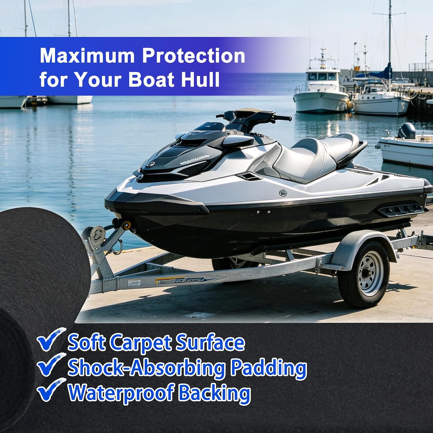 Boat Trailer Bunk Carpet 2 Pack 13ft x 12in, Double Layer Marine Grade Bunk Carpet with Cushion Padding, Extra Thick Waterproof Trailer Bunk Runner Cover for Boat, Jet Ski & Trailer Bunks