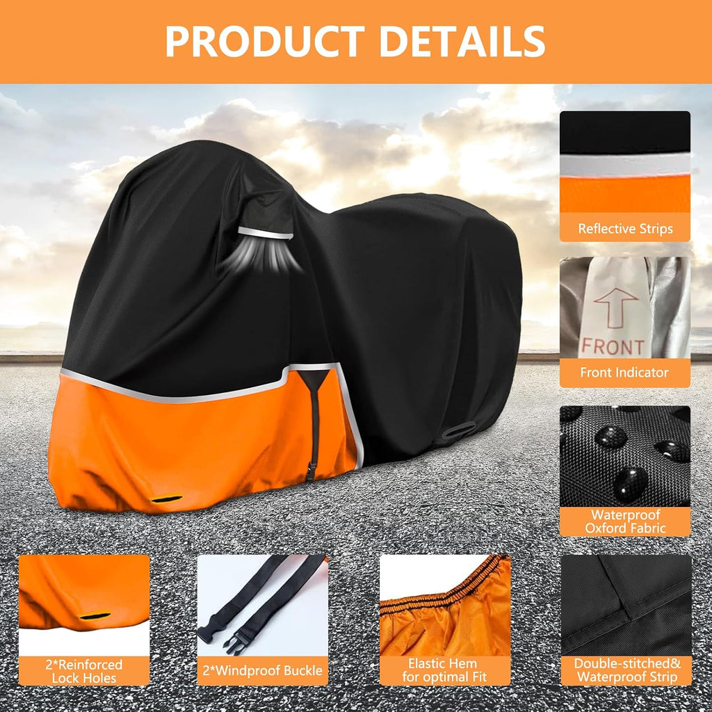 420D Motorcycle Cover with Road Glide Ultra CVO Pursuit Limited Wing Voyager - Heavy Duty Waterproof for Touring Protection Side & Top Box Cover fit up to 110", Indoor & Outdoor Storage