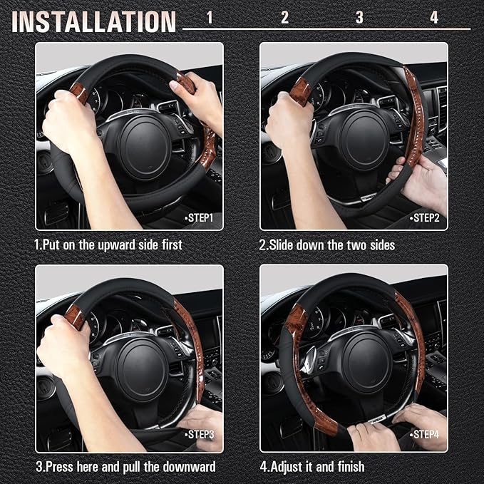 CAR PASS Wood Grain Microfiber Leather Sporty 14.5-15 inch Steering Wheel Cover - Image 3