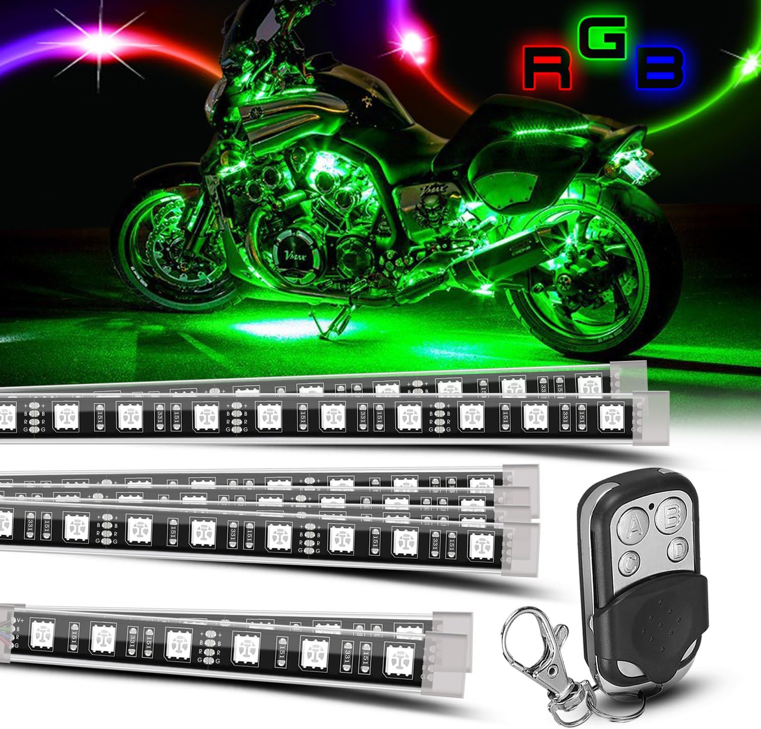 SUNPIE Motorcycle LED Underglow Kit, 8Pcs Waterproof LED Light Strips with RF Remote, Multi-Color Motorcycle Underbody Accent Lights for Harley Honda Kawasaki Suzuki Indian