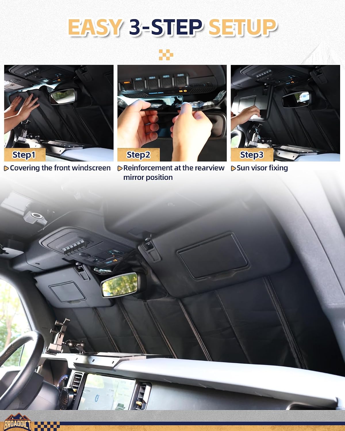 Custom Fit Windshield Sun Shade Fit for Ford Bronco 2021-2025 Foldable Front Sunshade Interior Protector, Complete Light & UV Blocking