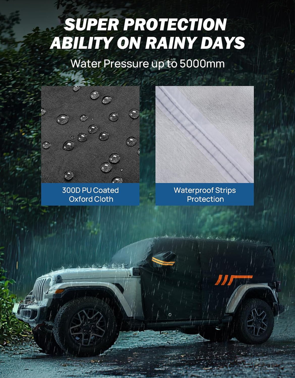 JOYTUTUS Wrangler Cab Cover Waterproof 4 Door for Wrangler JK JL 4 Doors 2007-2026, Paint-Safe Lining Car Cover with Zipper Access, UV50+ Windproof All-Weather Protection, Top On/Off Compatible