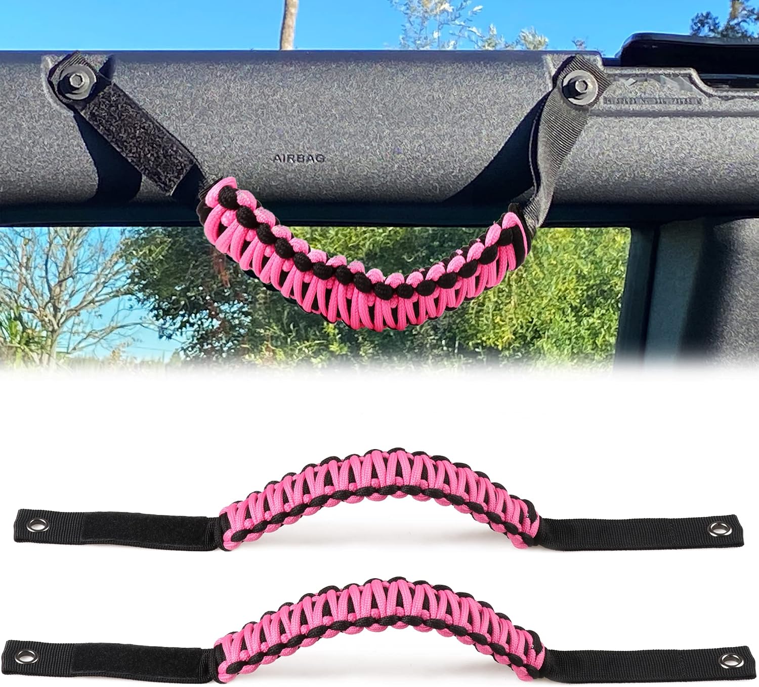 Roll Bar Grab Handles for 2021 2022 2023 2024 2025 2026 Ford Bronco 2 Door 4 Door Accessories Paracord Grip Handle, No Embroidery, 2 Pack Pink