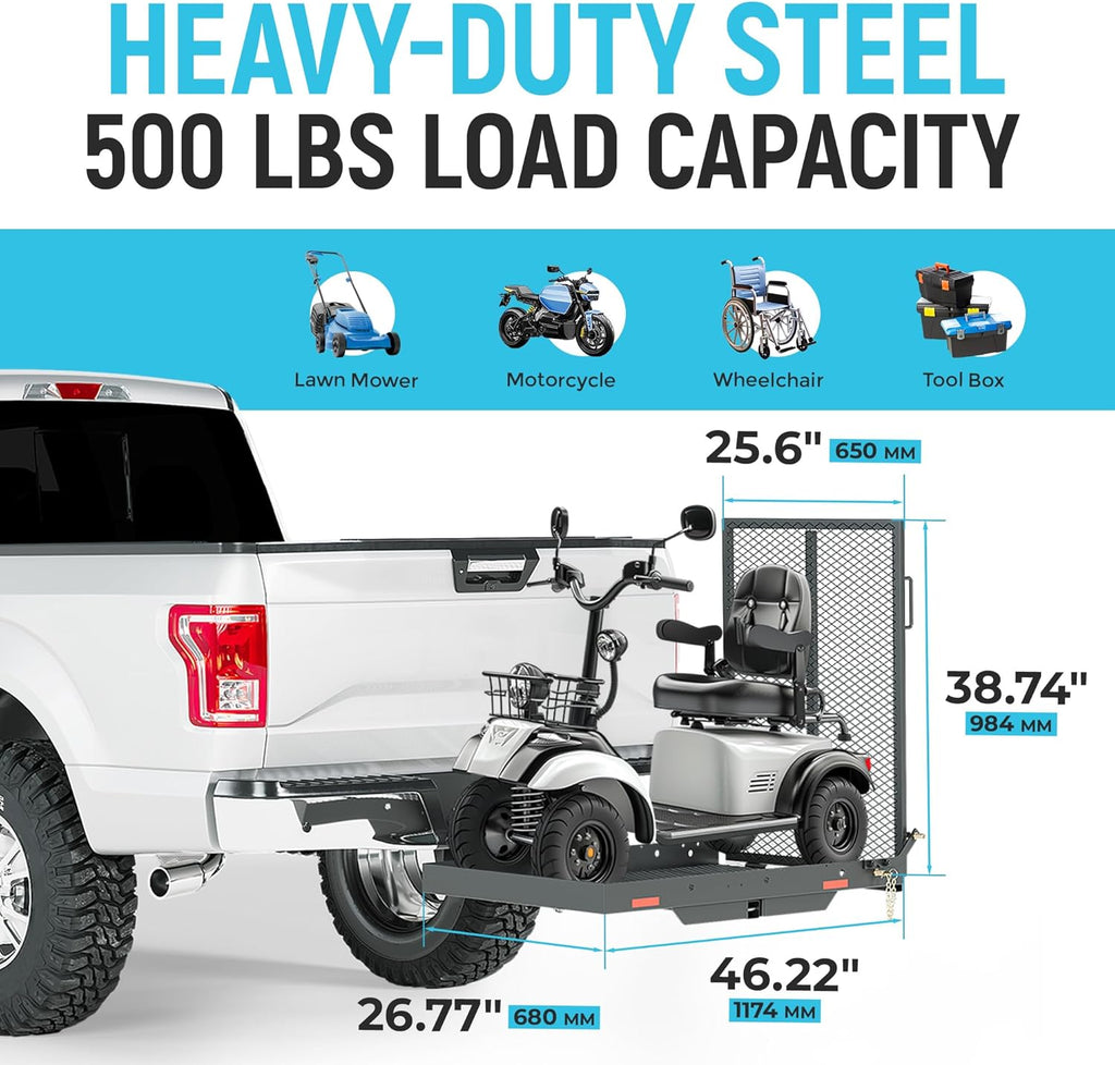 ECOTRIC 46.2 X 26.8 X 38.7 Inch Hitch Cargo Carrier W/Ramp Foldable 500 Lbs | Trailer Hitch Mount Steel Wheelchair Carrier Mobility Scooter Ramp 2" Hitch Receiver for Snow Blower SUV Truck Van Car