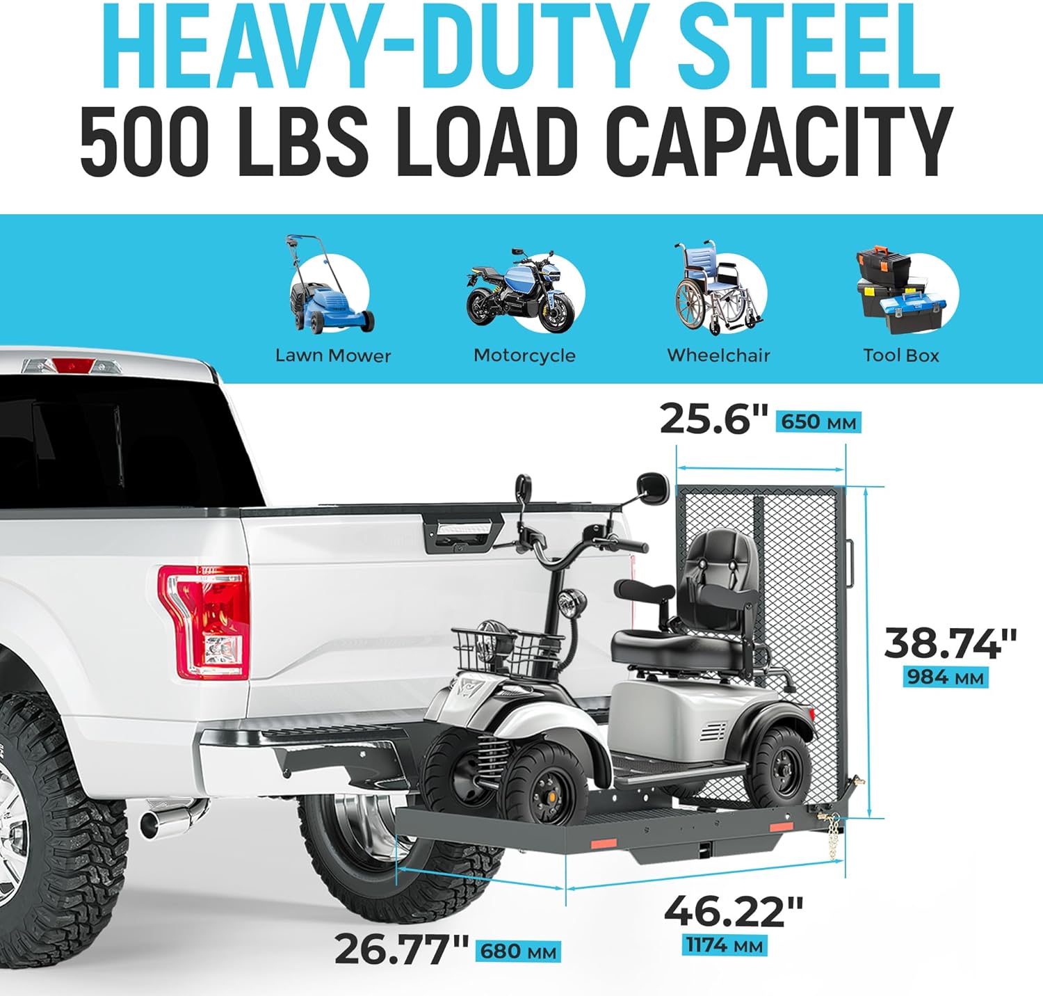 ECOTRIC 46.2 X 26.8 X 38.7 Inch Hitch Cargo Carrier W/Ramp Foldable 500 Lbs | Trailer Hitch Mount Steel Wheelchair Carrier Mobility Scooter Ramp 2" Hitch Receiver for Snow Blower SUV Truck Van Car