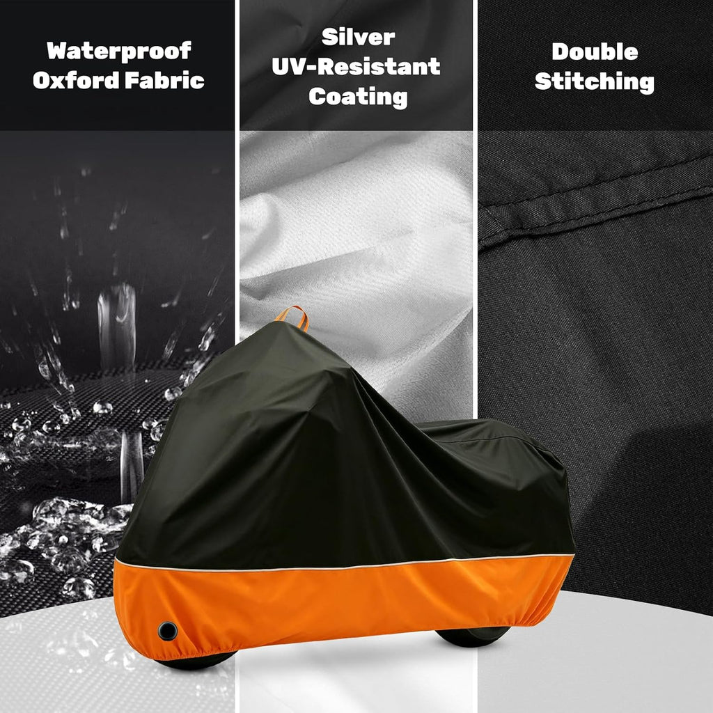 Motorcycle Cover All Season Waterproof Sun Outdoor Protection, Fits up to 96.5" Motorcycle Powersports Vehicle Covers, Black and Orange (Lockholes & Storage Bag)