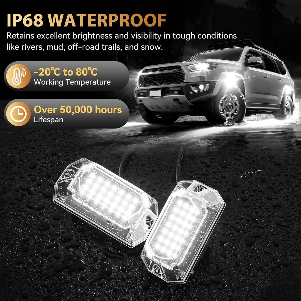 12 Pods Full Angle Pure White LED Rock Lights with Switch Harness Extension Wires, 6500K Super Bright Waterproof White Underglow Kit for ATV UTV SUV Trucks Jeeps Golf Cart Offroad Pickup