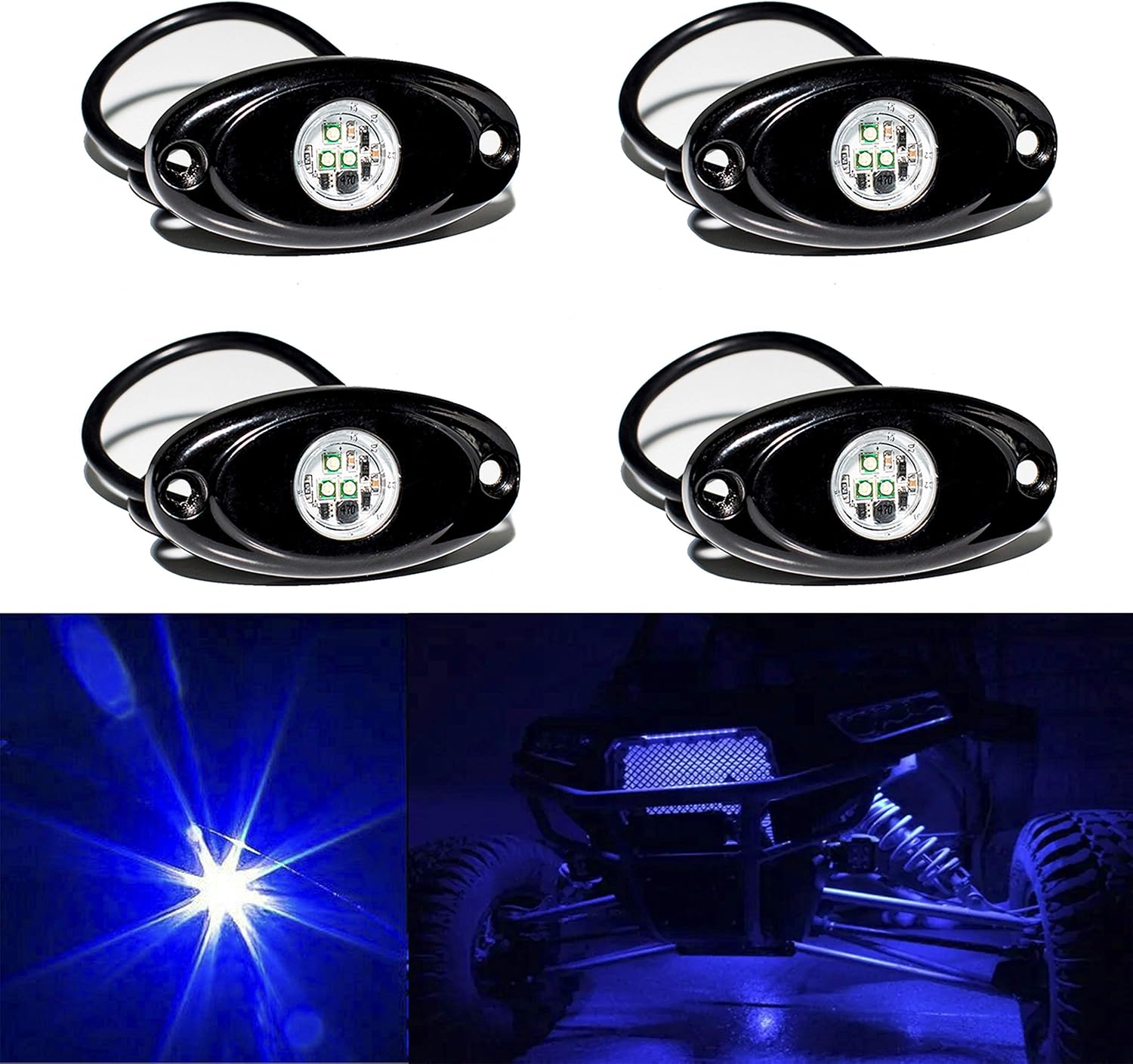YONEDA 4 Pods Blue Rock Lights 6000K 3LED Bright LED Underglow Lights IP68 Waterproof for Trucks SUV UTV ATV RZR Car Boats Pickup Motorcycle