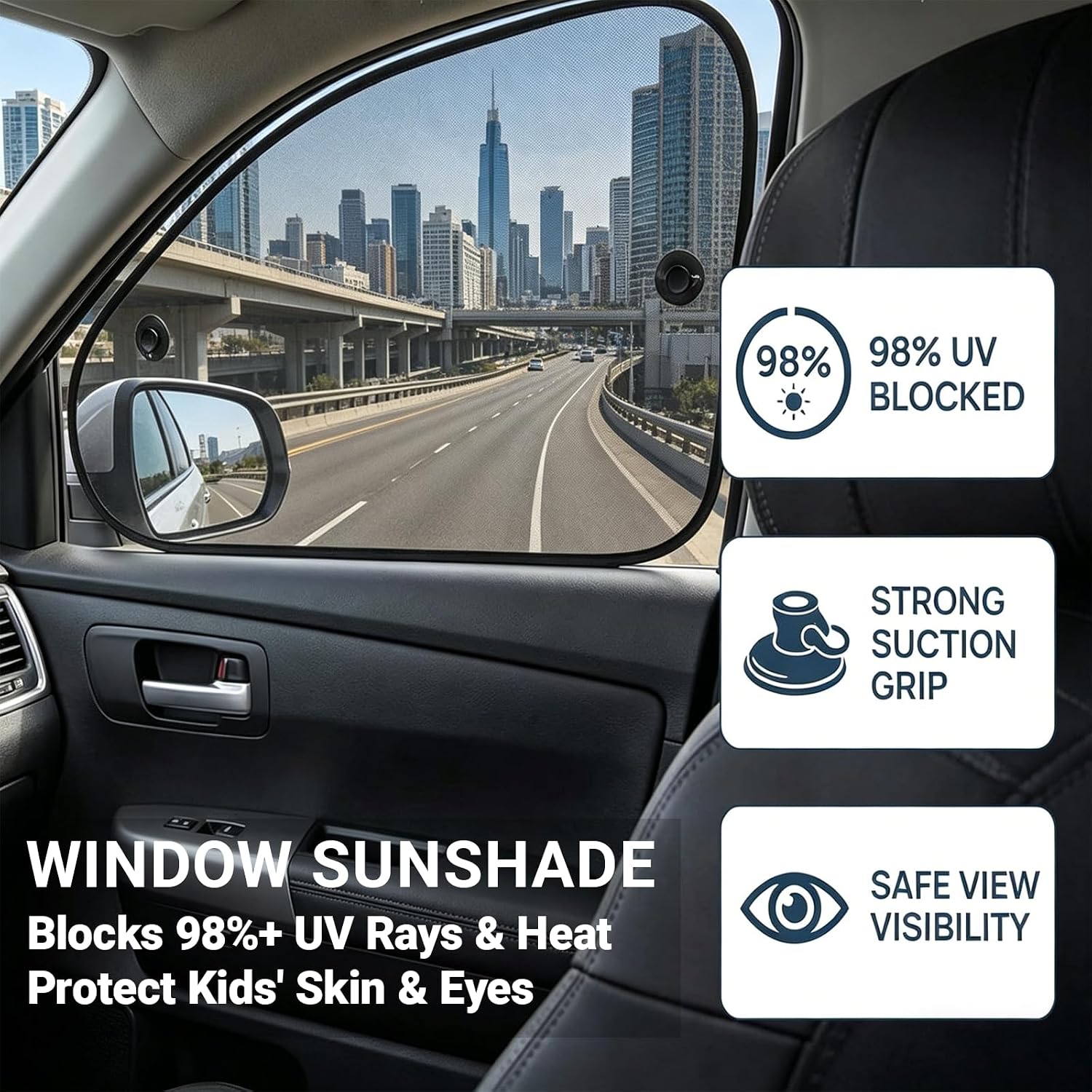2 PCS Car Window Shade, 25.5 x 14.9 Inch Mesh Sunshade with Suction Cups for Side Windows, Glare and UV Rays Protection, Baby Side Window Car Sun Shades, Universal for Most Car, Truck, SUV