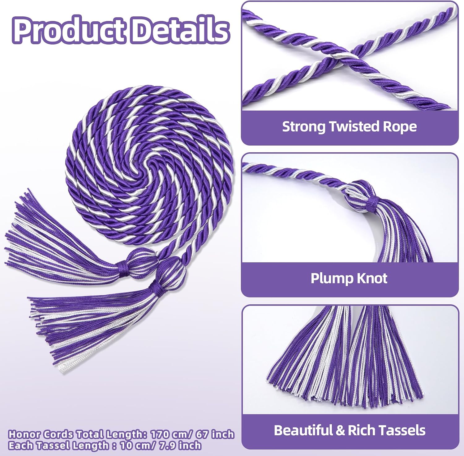 16 Pack Purple with White Graduation Honor Ropes Cords Bulk, Yarn Honor Cords with Tassel for High School Bachelor Gown College Graduation 2025(Purple with White)