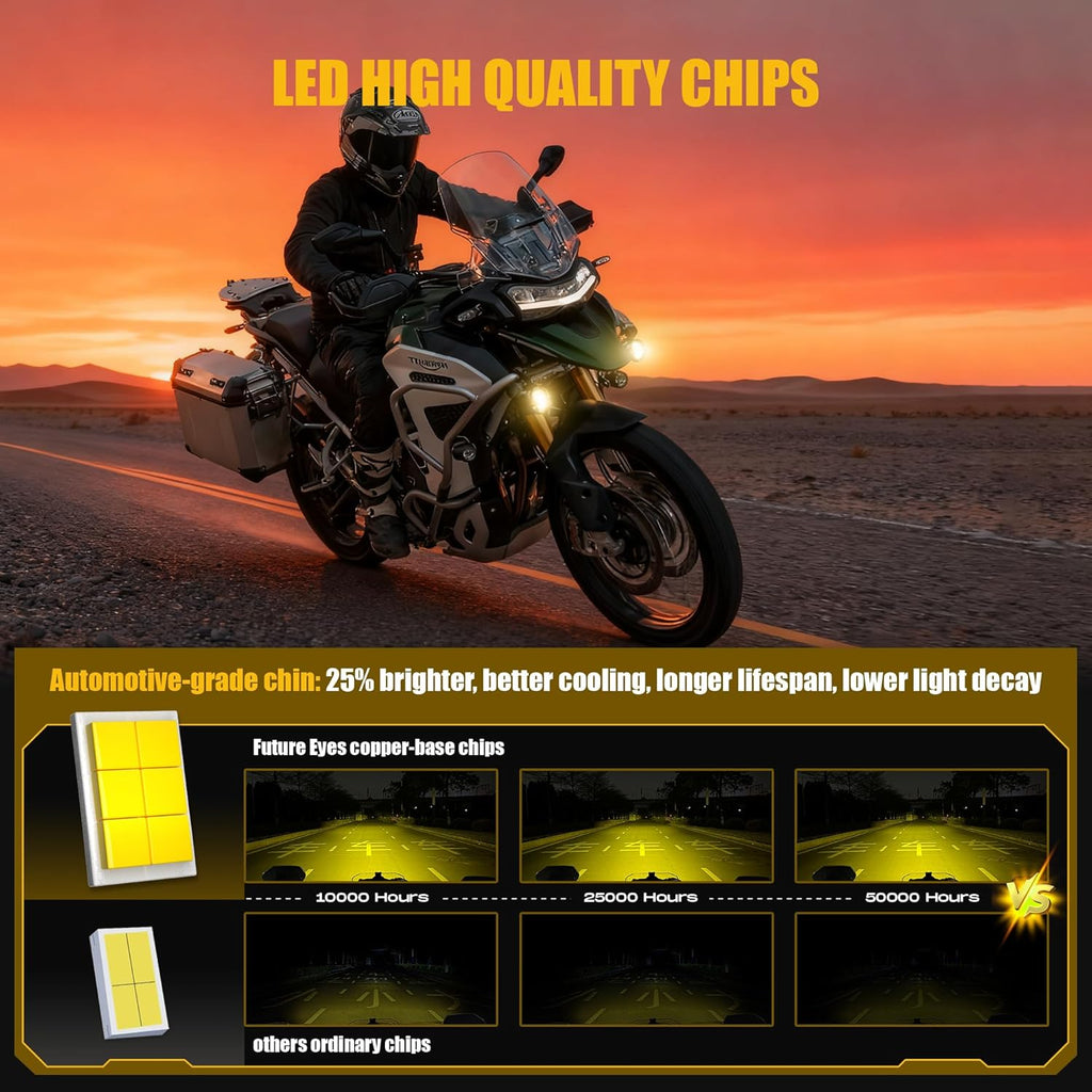 Future Eyes Motorcycle Fog Lights 120W LED Amber Auxiliary Driving Lights with DRL & Strobe, IP67 Waterproof Motorcycle Light for Night Riding, Off-Road, Dirt Bike, ATV, UTV, Golf Cart