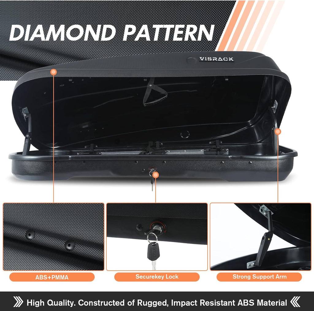 Rooftop Cargo Box, 13 Cubic Ft, for Family Travel and Road Trips, Black | 3D Diamond Embossing Weather-Resistant Hard-Shell Roof Box with Security Locks 130 LBS Capacity 56" L x 30" W x 13.7" H