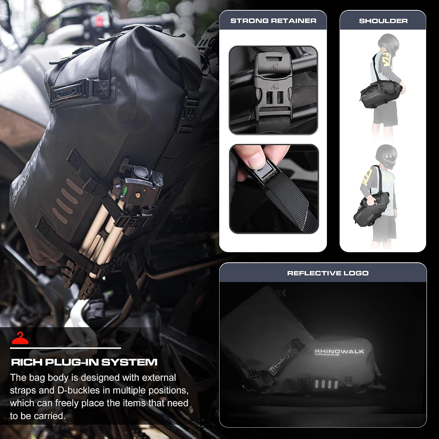 Rhinowalk Motorcycle Saddlebags 28L(14L*2) Waterproof Motorbike Side Bags, Travel Luggage Panniers with Shoulder Strap for Adventure & Sport Motorcycle Racks, 1 Pair