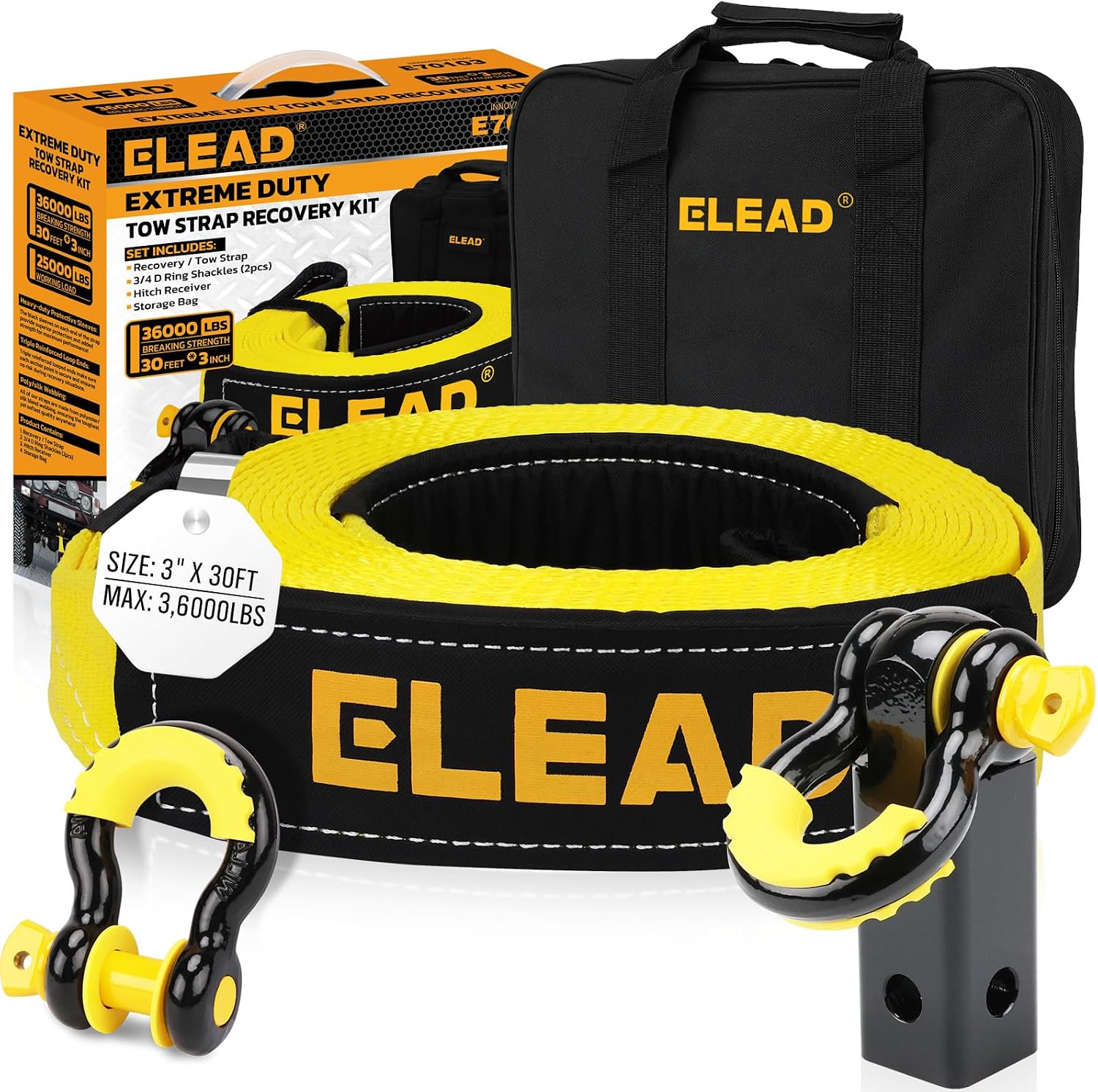 3" x 30Ft Recovery Tow Strap Heavy Duty with Hooks - 36000 LBS Break Strength, 2" Shackle Hitch Receiver + 3/4 D Ring Shackles (2pcs), Recovery Tow Rope for Truck, SUV, ATV Offroad Vehicle