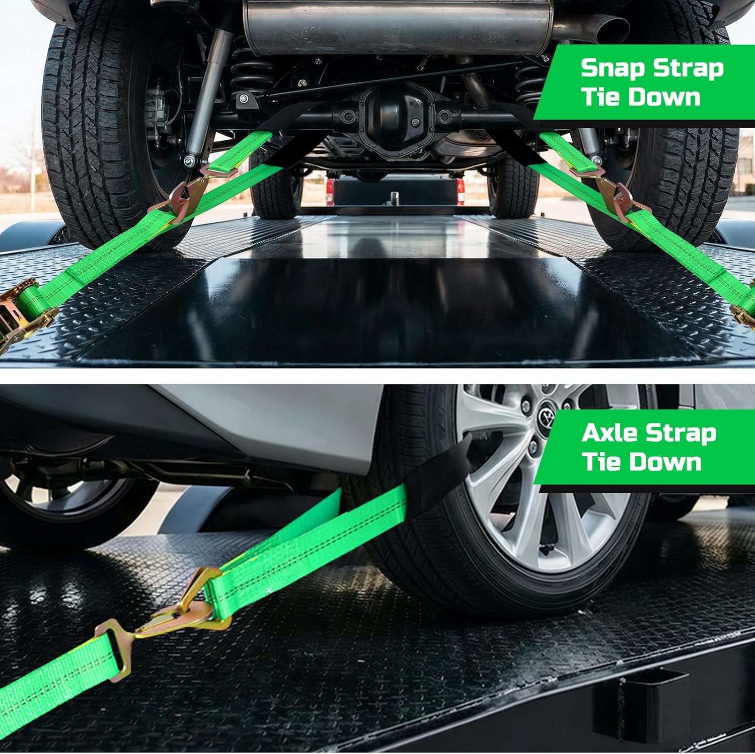 Trekassy Car Tie Down Straps for Trailers Heavy Duty, 2" x 114" Adjustable Ratchet Straps with Snap Hooks, 10,000 lbs Break Strength, (4) 36" Axle Straps, Use for Car, Truck, UTV Transport