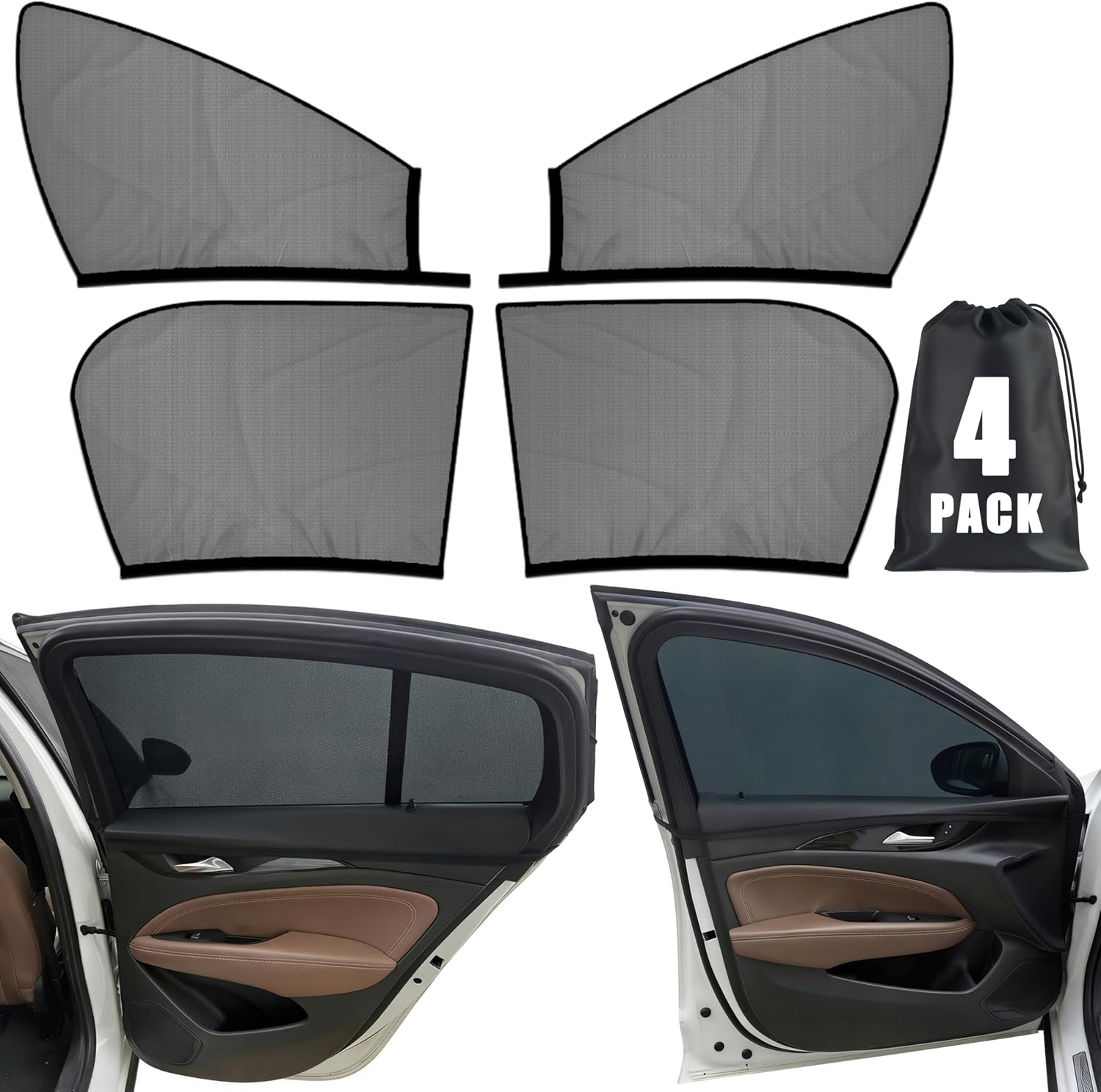 Car Window Shades 4 Pack for Front Side Windows & Rear Side Windows, Breathable Mesh Stretch Screens for Baby Camping Mosquito Net, Enlarged Size! Universal Fit Most Vehicles (98% Fit)