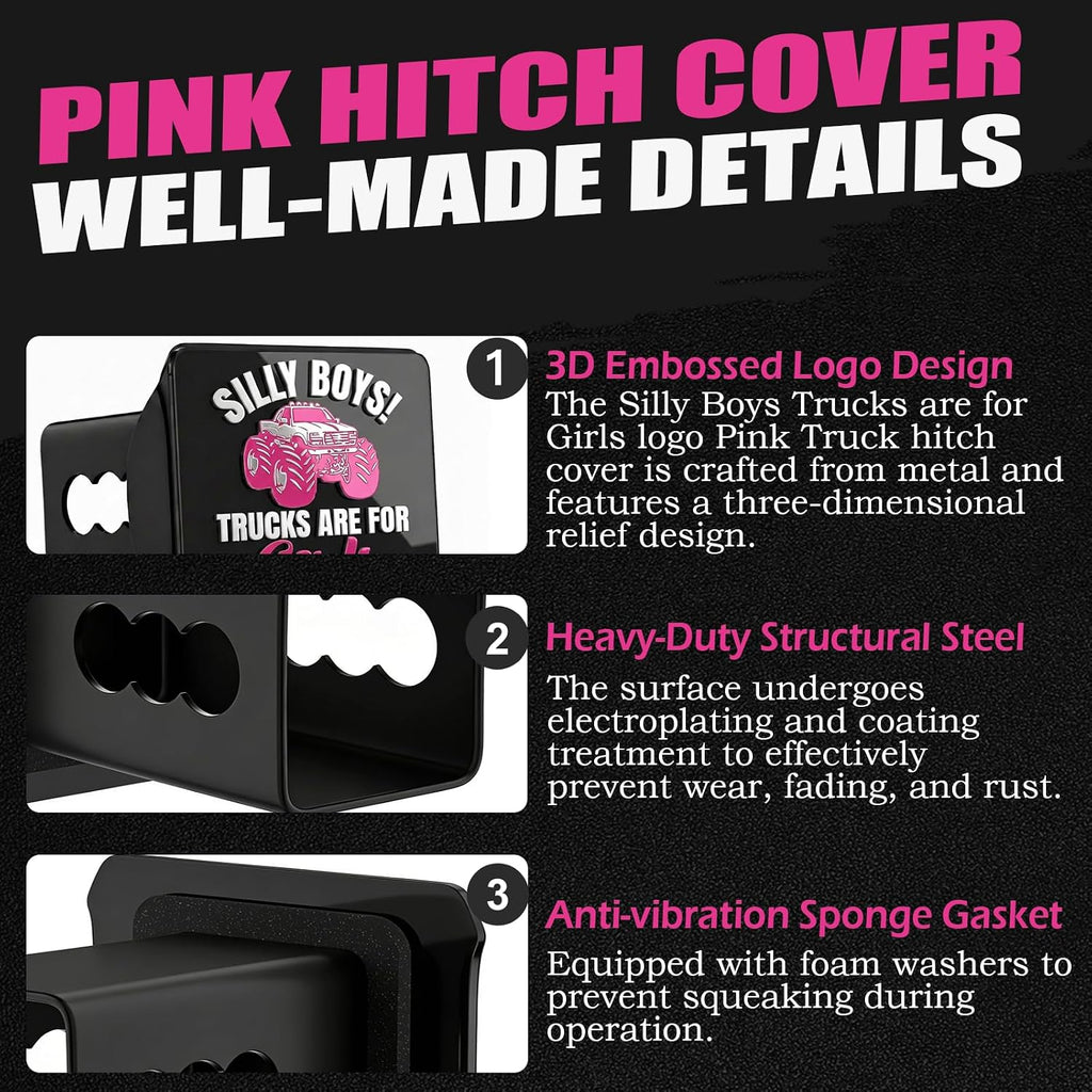 Pink Hitch Covers - Silly Boys Trucks are for Girls,Fits for 2 Inch Receivers with 5/8-Inch Pin Diameter Anti-Theft Hitch Lock,Funny Trailer Hitch Cover for Trucks, SUVs, Girl Pink Truck Accessories