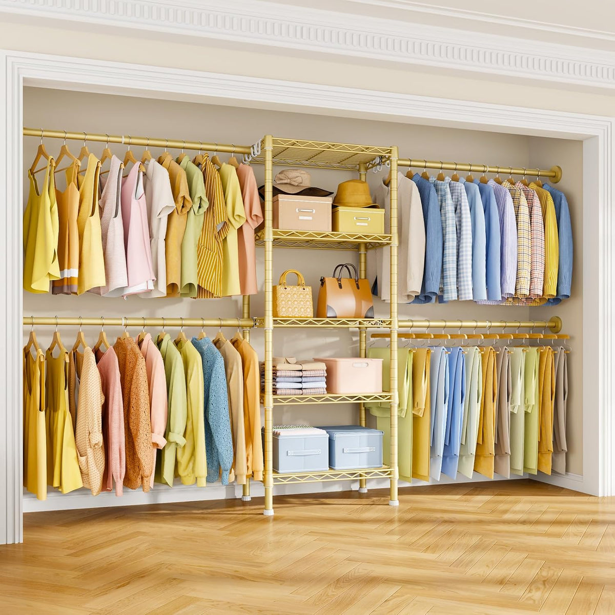 ulif m2 wall mounted closet system, gold clothes, main product view
