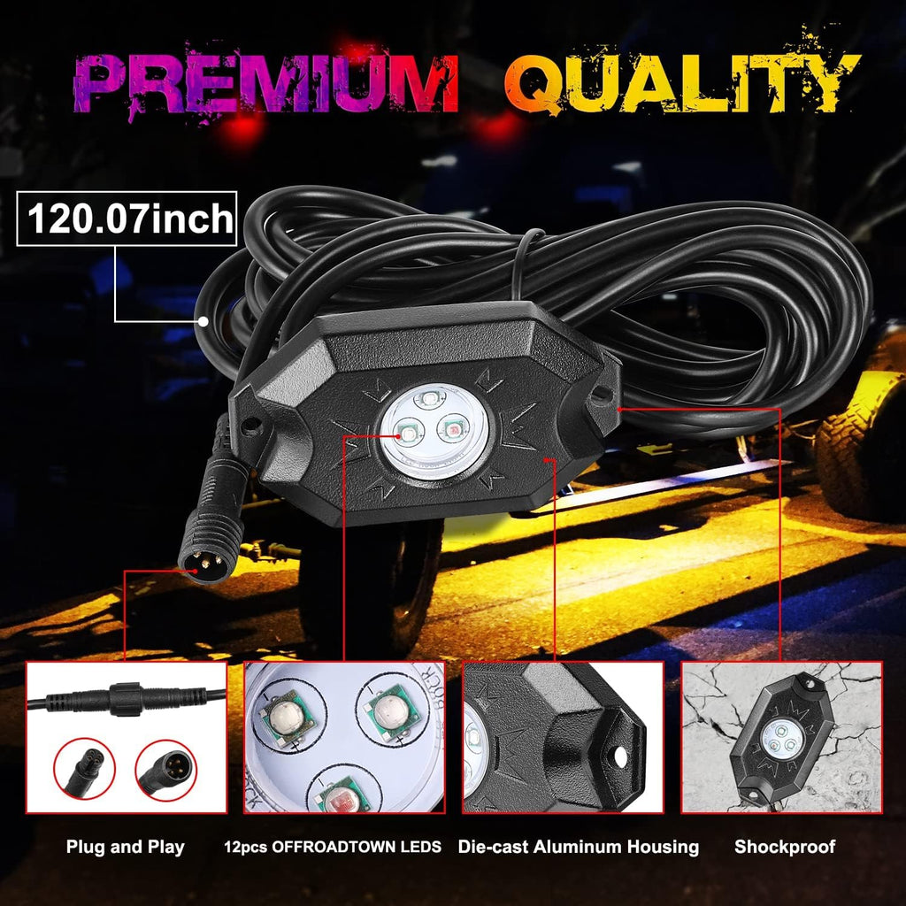 OFFROADTOWN RGB LED Rock Lights Kit 4 pods Neon Trail Rig Light Underglow with Bluetooth App Control for UTV ATV Polaris Can-Am Yamaha Honda Kawasaki Boat Motorcycle