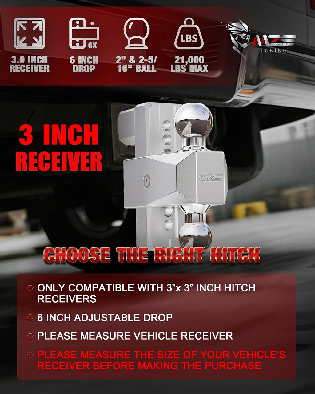 MZS Adjustable Trailer Hitch - Fits 3 Inch Receiver Hitch - 6-Inch Adjustable Drop Hitch - Heavy Duty Aluminum Tow Hitch for Truck(21,000 LBS GTW) Chrome