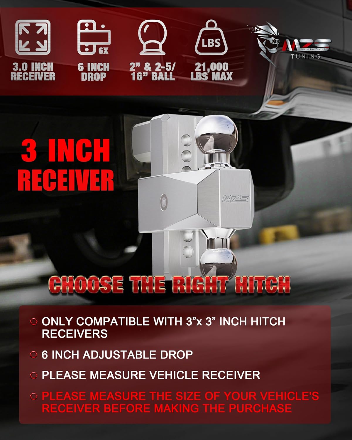 MZS Adjustable Trailer Hitch - Fits 3 Inch Receiver Hitch - 6-Inch Adjustable Drop Hitch - Heavy Duty Aluminum Tow Hitch for Truck(21,000 LBS GTW) Chrome