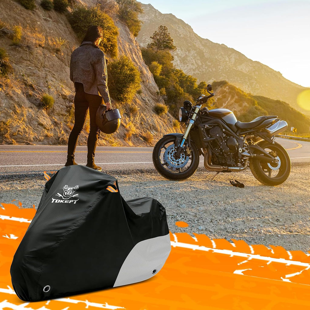 Motorcycle Cover Waterproof All Season Outdoor Protection, Fits up to 116 Inch, Compatible with Cruisers & Touring Models, with Locking Holes & Reflective Strips (Black&Silver)