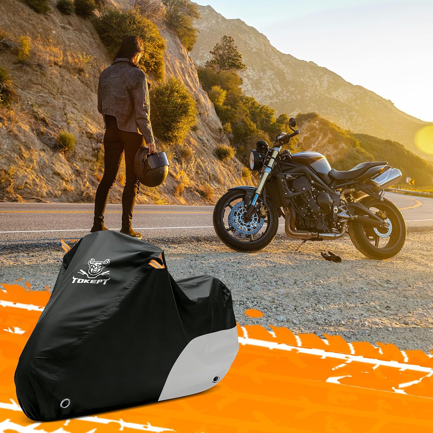 Motorcycle Cover Waterproof All Season Outdoor Protection, Fits up to 116 Inch, Compatible with Cruisers & Touring Models, with Locking Holes & Reflective Strips (Black&Silver)
