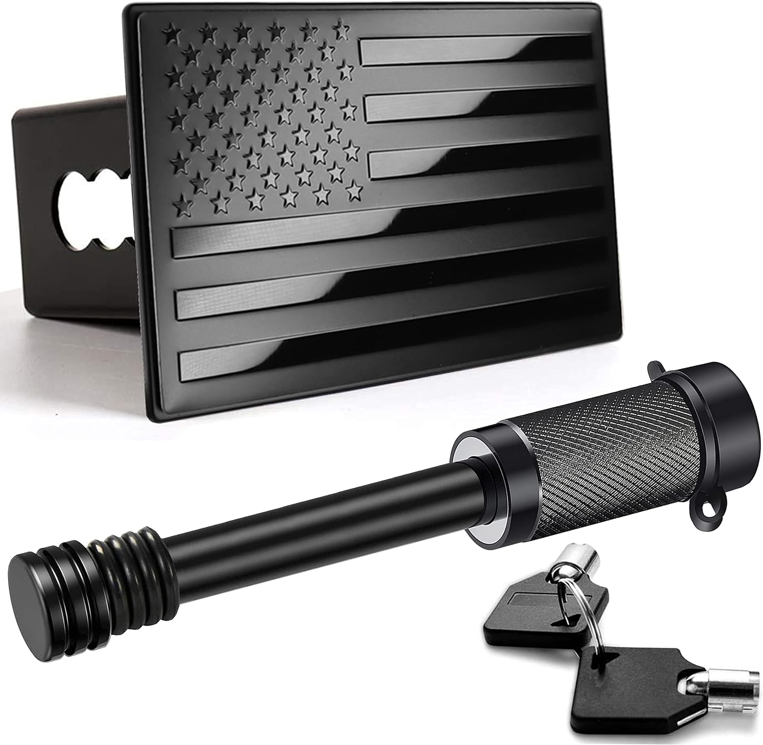 Bonrcea 2" American Flag Aluminum Trailer Hitch Cover & Hitch Lock, Black | Includes 5/8" hitch lock. Easy install. Compatible with F-150, Silverado, Ram 1500, Sierra, Tundra. (Not for 2025 Tacoma).