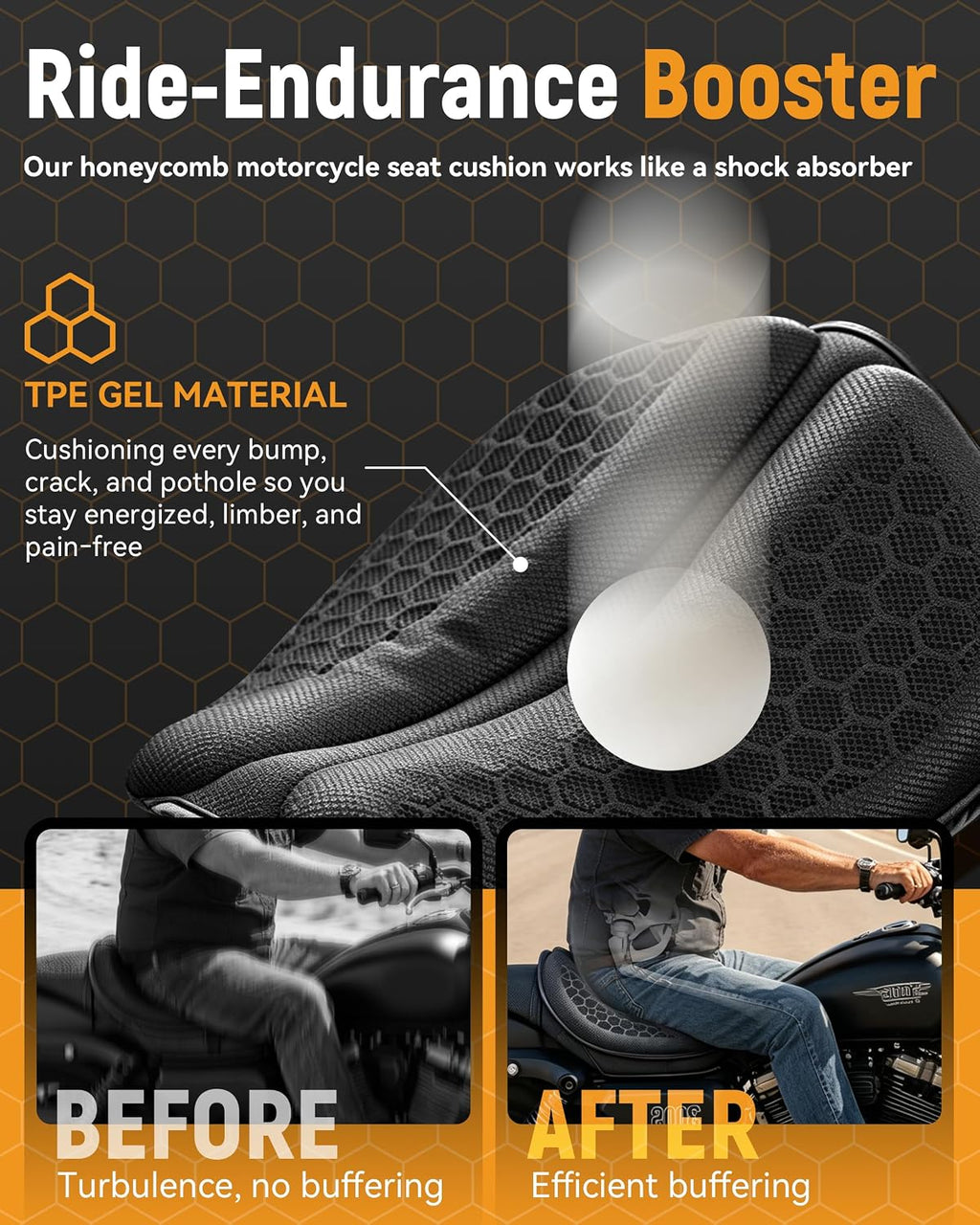 Seat Cushion with Cover - Foldable 3D Motorcycle Gel Seat Cushion, Comfort & Butt Protection for Long Rides, Non-Slip Shock Absorbing, Stay Cool & Comfortable(Cushion with Cover)