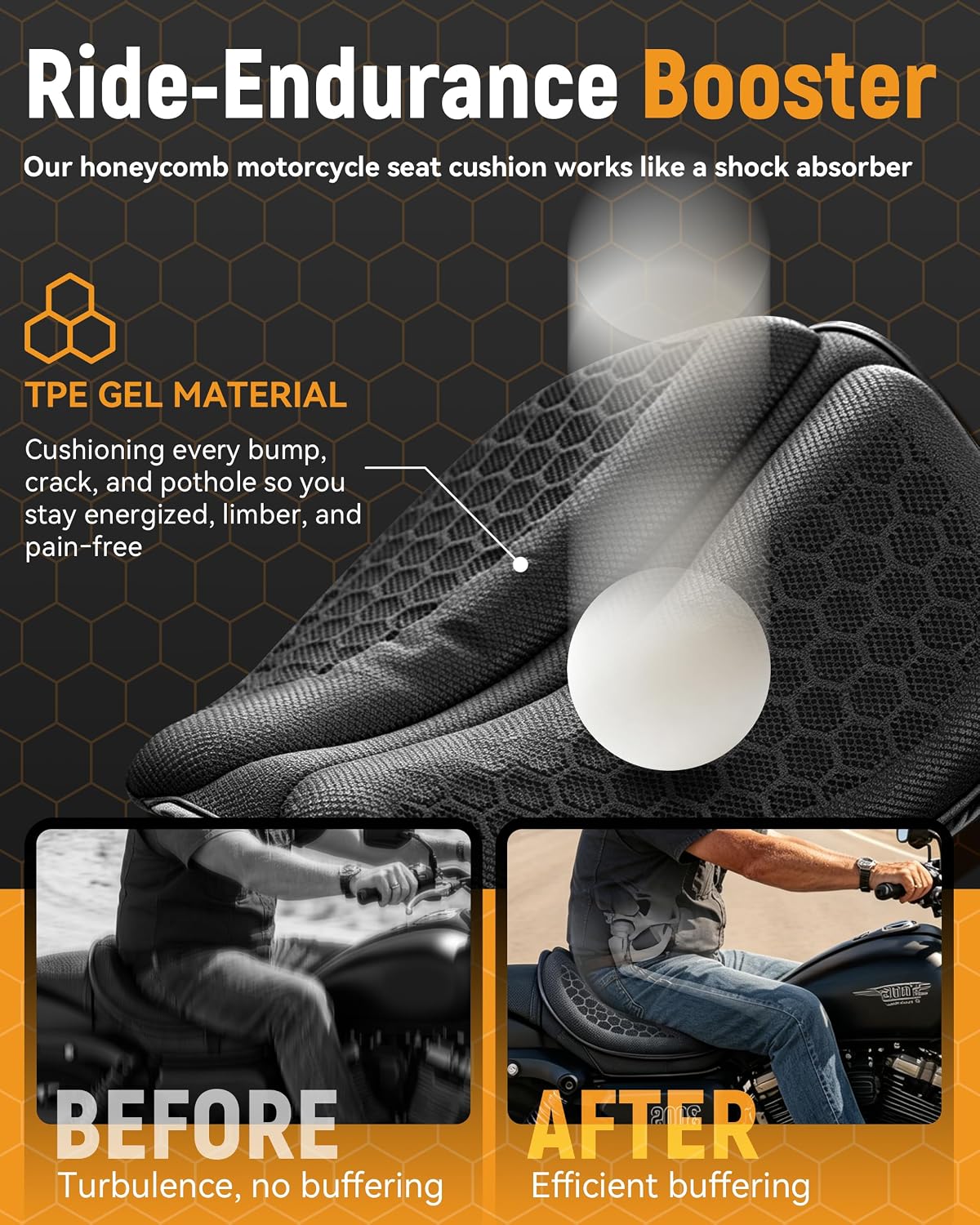 Seat Cushion with Cover - Foldable 3D Motorcycle Gel Seat Cushion, Comfort & Butt Protection for Long Rides, Non-Slip Shock Absorbing, Stay Cool & Comfortable(Cushion with Cover)