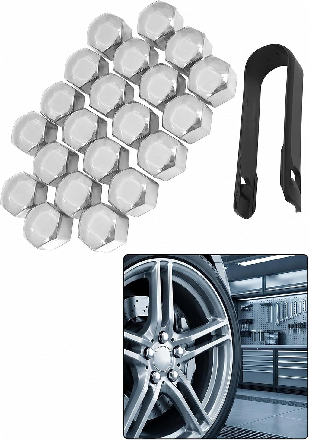 20PCS Lug Nut Covers, 21mm Plastic Dustproof Wheel Bolt Nut Caps, Protective Decorative Wheel Rim Accessories with Removal Tool, Universal for Most Cars Hex Lug Nut Caps (Silver)