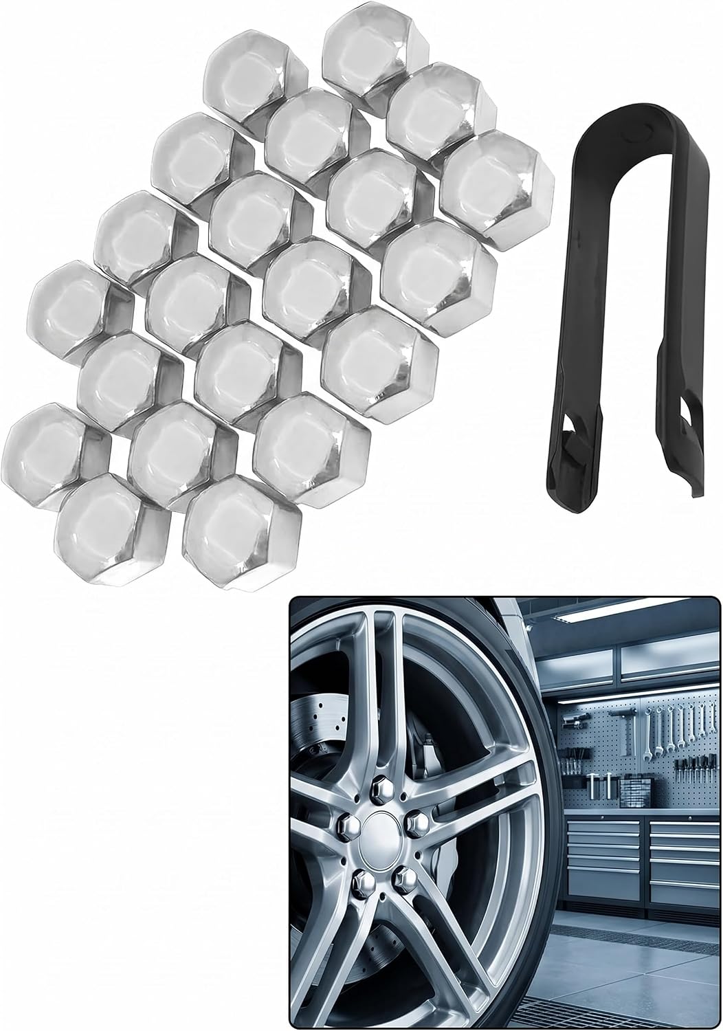 20PCS Lug Nut Covers, 21mm Plastic Dustproof Wheel Bolt Nut Caps, Protective Decorative Wheel Rim Accessories with Removal Tool, Universal for Most Cars Hex Lug Nut Caps (Silver)