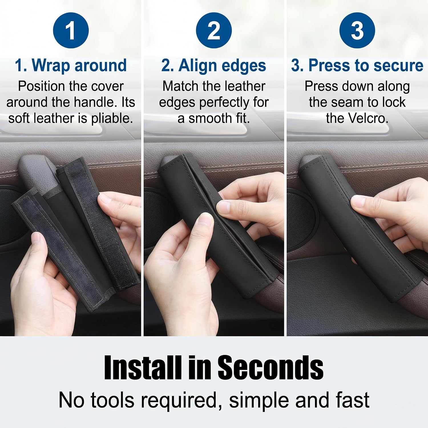 2 PCS Car Grab Handle Cover, PU Leather Anti-scratch Door Grip Gloves Protector, Non-slip Breathable Front Rear Door Pull Handle Cover, Interior Decoration Accessories for Cars (Black)