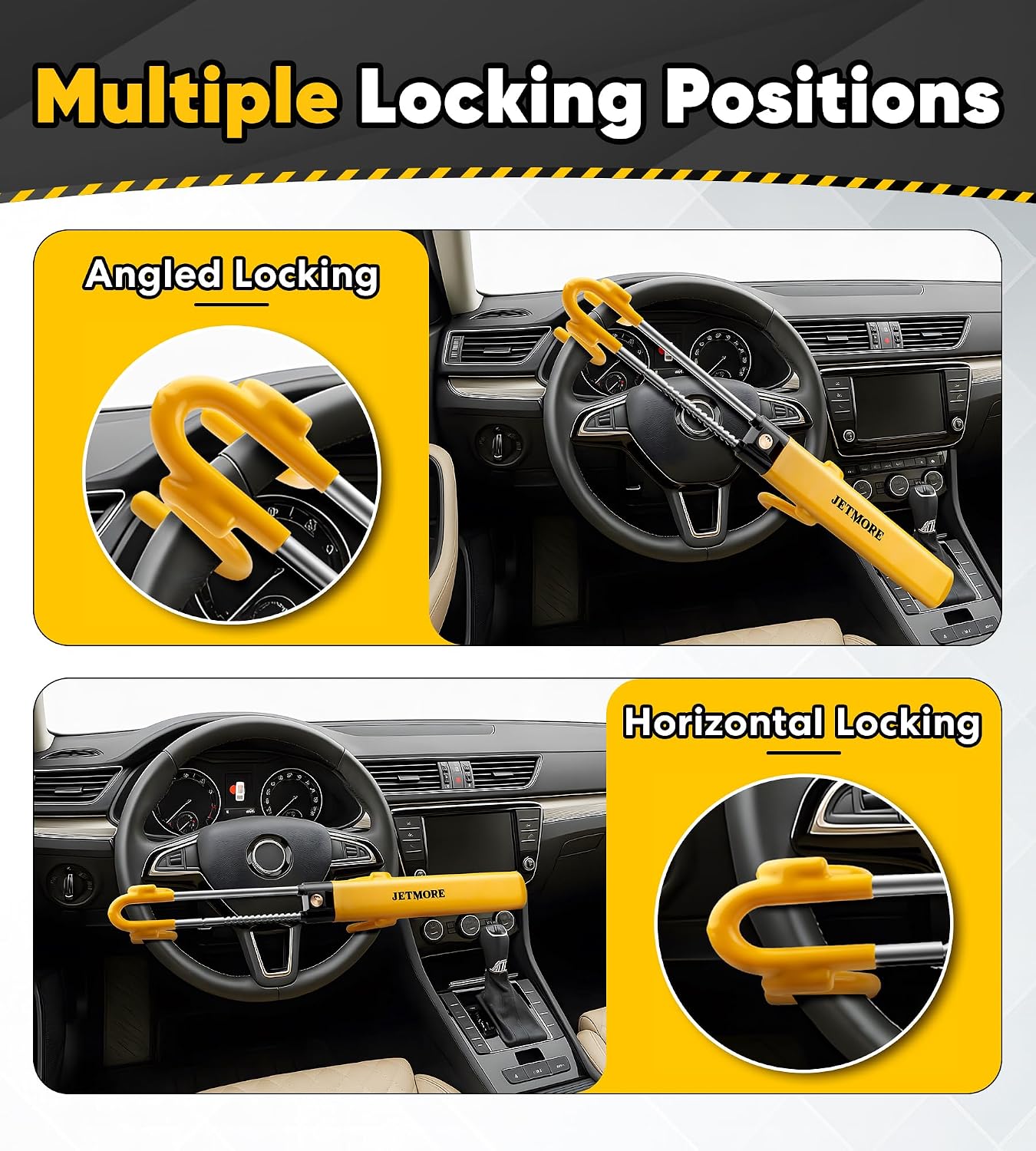 JETMORE Steering Wheel Lock Adjustable Car Anti Theft Device Reinforced Steel Lock with Double Hook Design Car Locks with Keys Heavy Duty Lock for Cars Trucks SUVs Car Accessories Wheel Lock