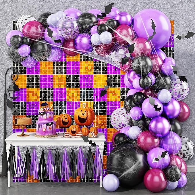 24PCS Black Orange Purple Shimmer Wall Backdrop, Halloween Square Sequin Phot...