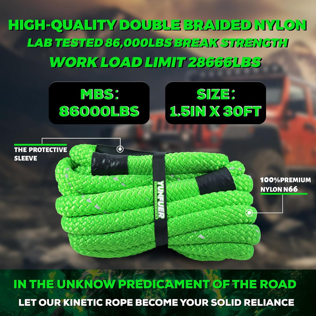 Heavy-Duty Kinetic Recovery Rope Kit – 86,000lbs, 1.5in x 30ft – Includes 2 Ultra-Strong UHMWPE Soft Shackles – 35%+ Elasticity for Off-Road Recovery, Towing & Emergency Use (Reflective)