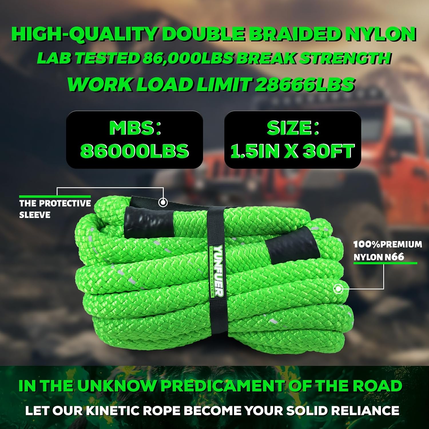 Heavy-Duty Kinetic Recovery Rope Kit – 86,000lbs, 1.5in x 30ft – Includes 2 Ultra-Strong UHMWPE Soft Shackles – 35%+ Elasticity for Off-Road Recovery, Towing & Emergency Use (Reflective)
