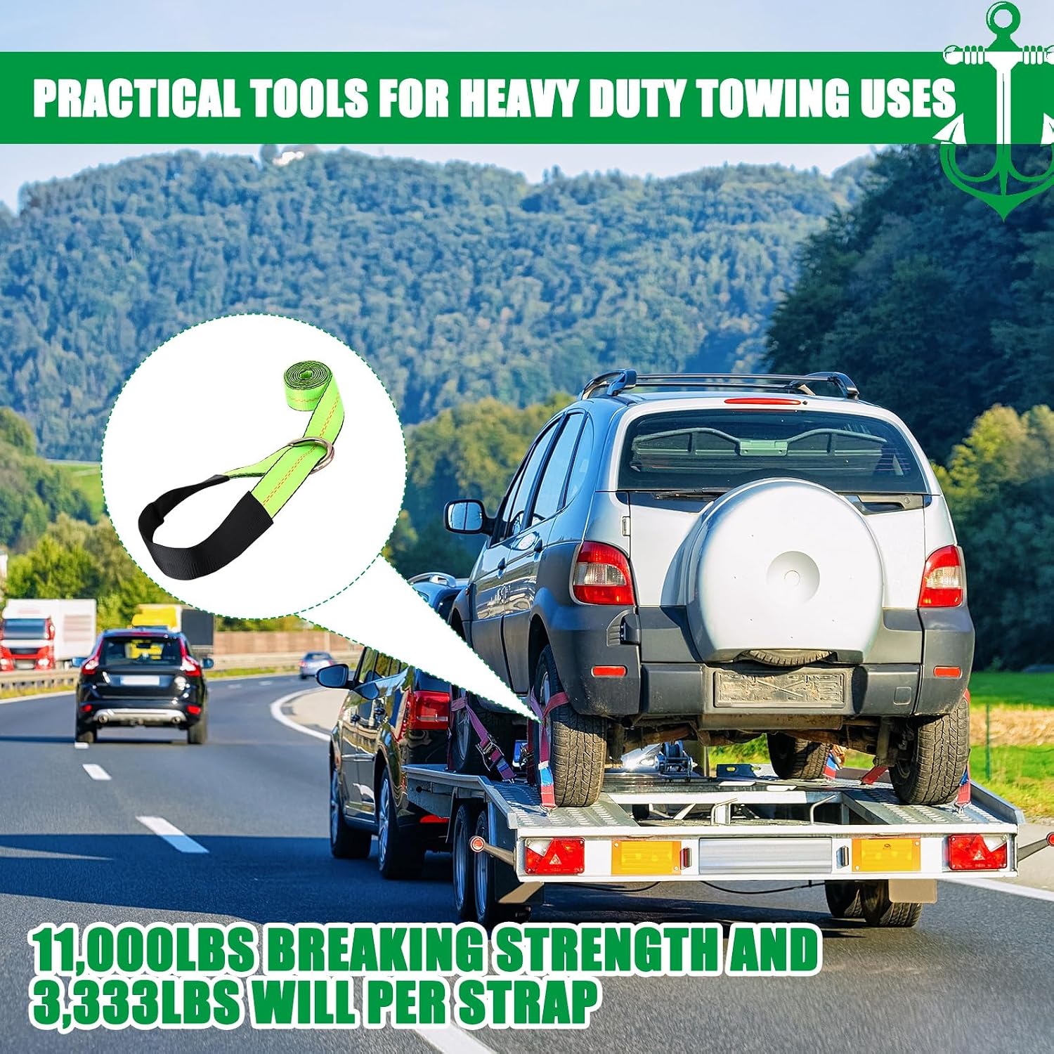 4 Pack 2" X 8ft Lasso Tow Truck Straps with D Ring 11, 000 Lbs Break Strength D Ring Auto Tie Down Wheel Lift Trailer Strap for Hauling Utv SUV Wrecker Rollback