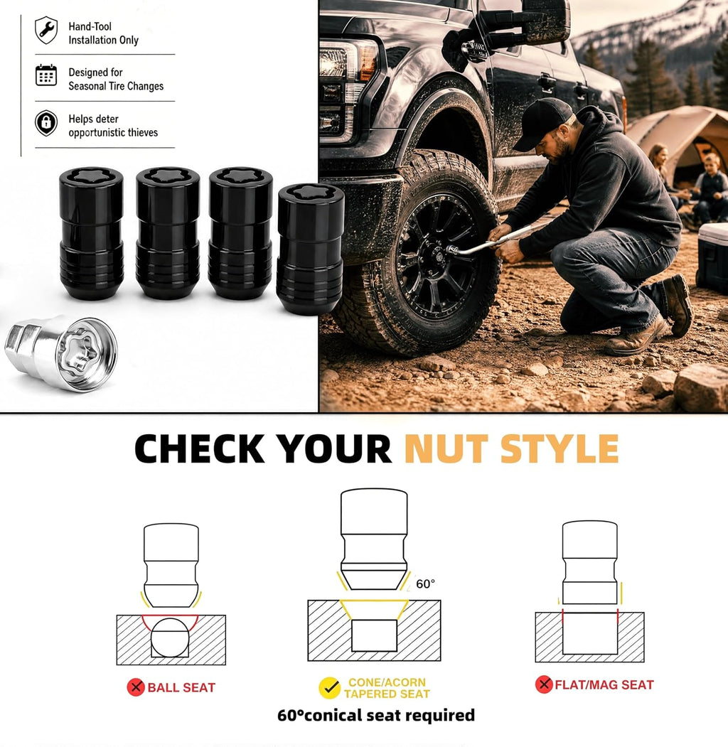 24216 M14x1.5 Cone Seat Wheel Locks19/21mm Hex Fit for GM/Ford/Tesla/Dodge | Set of 4. PVD Black Finish, Anti-Theft Lug Nuts,Alloy Steel,For 60° Conical Seat Wheels Only,Unique Security Key Design