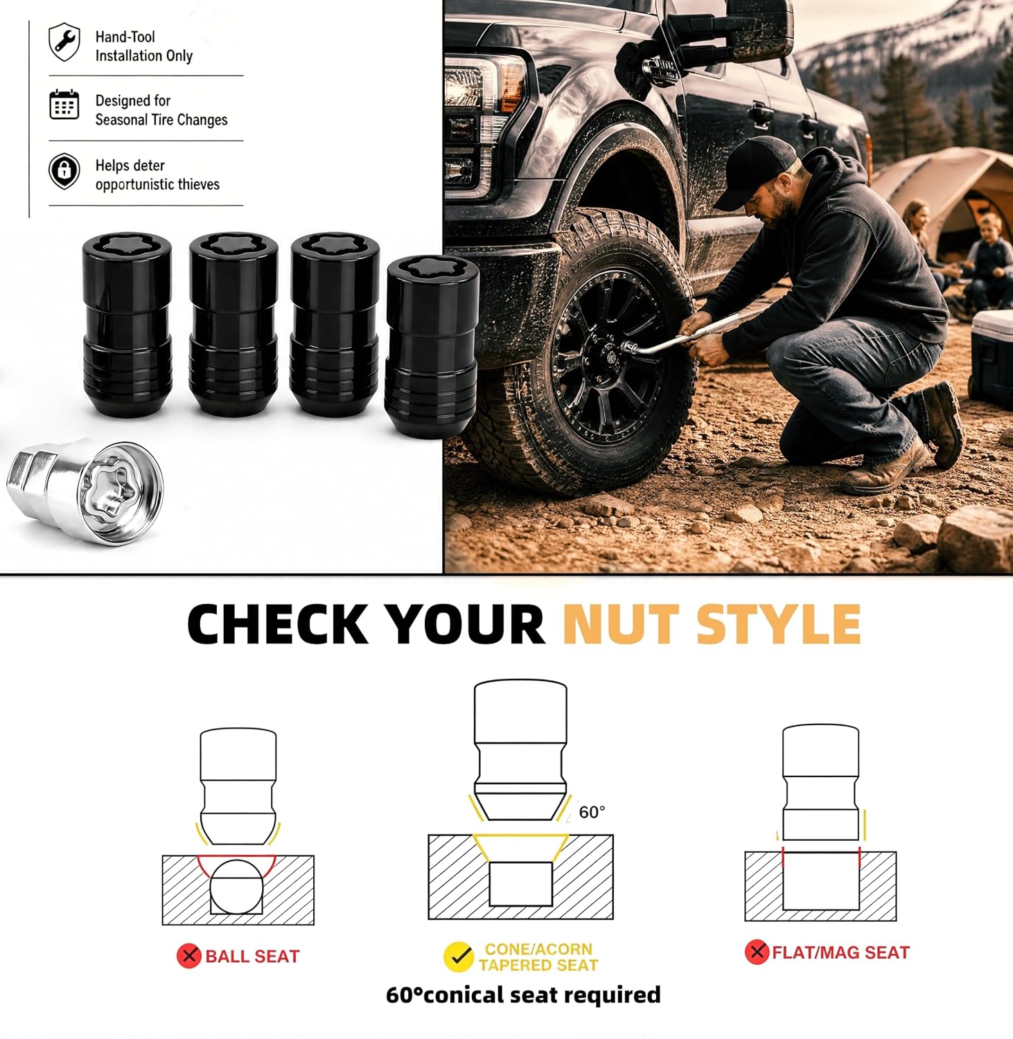 24216 M14x1.5 Cone Seat Wheel Locks19/21mm Hex Fit for GM/Ford/Tesla/Dodge | Set of 4. PVD Black Finish, Anti-Theft Lug Nuts,Alloy Steel,For 60° Conical Seat Wheels Only,Unique Security Key Design