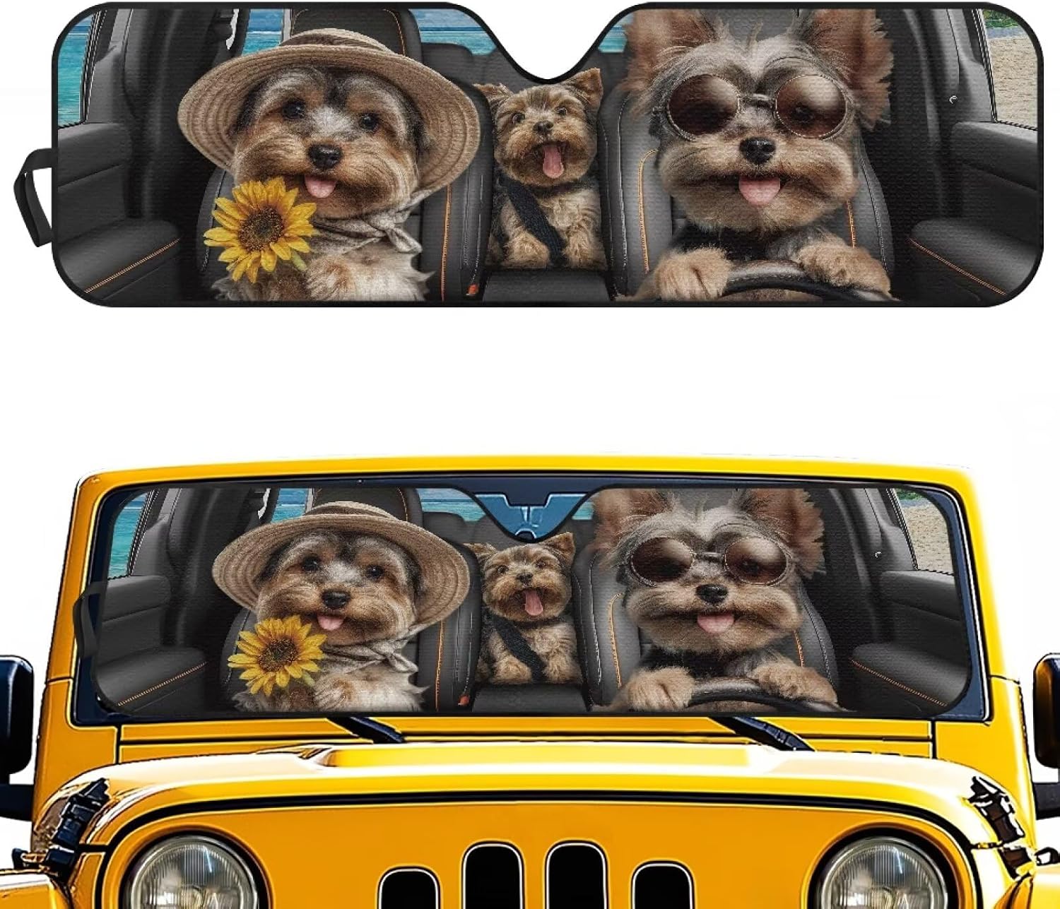 Tuoxiukan Yorkshire Terrier Heatshield Sunshade for 2007-2023 Wrangler Rubicon Sahara TJ JK JKU 2 & 4 Door 52x16 Inches Front Window Sunshade Reflect UV Sun and Heat Protect Your Car Interior